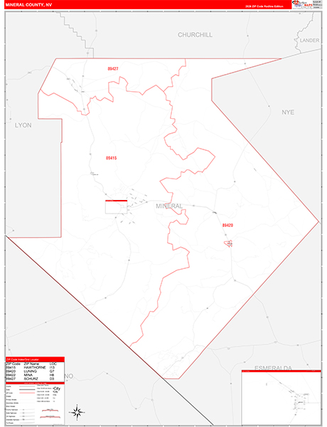 Mineral County, NV Zip Code Wall Map