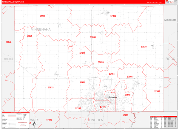 Minnehaha County, SD Wall Map Red Line Style