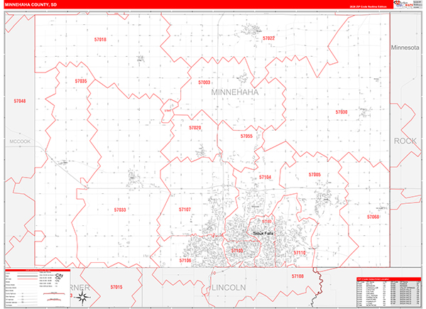 Minnehaha County, SD Wall Map Red Line Style