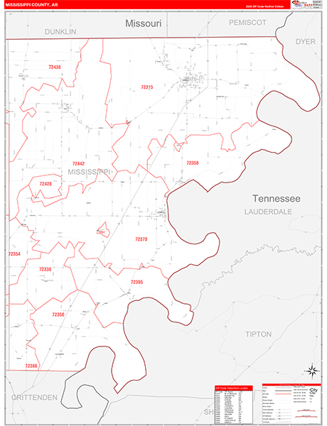 Mississippi County, AR Wall Map Red Line Style
