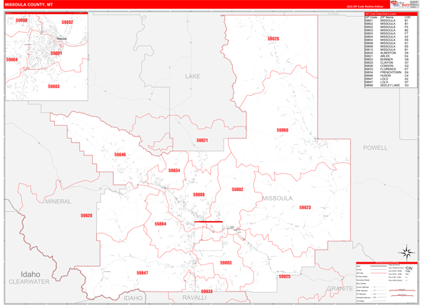 Missoula County Mt Zip Code Wall Map Red Line Style By Marketmaps