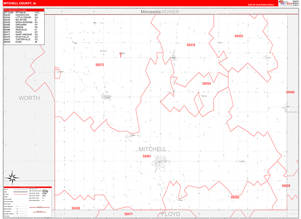 Mitchell County, IA Wall Map Red Line Style