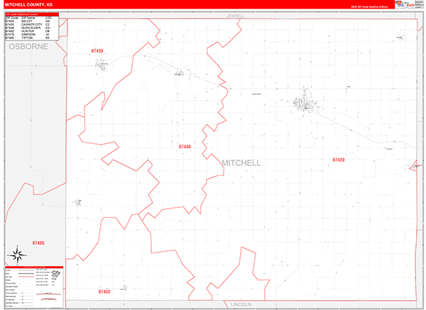 Mitchell County, KS Wall Map Red Line Style