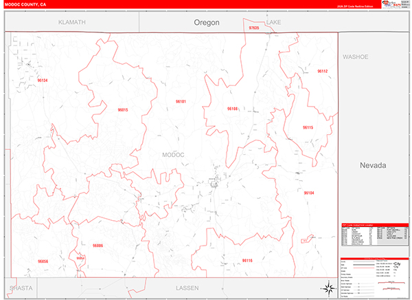 Modoc County, CA Map Red Line Style