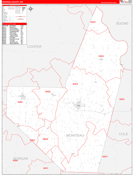 Moniteau County, MO Map Red Line Style