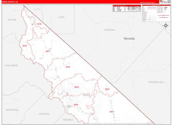 Mono County, CA Map Red Line Style