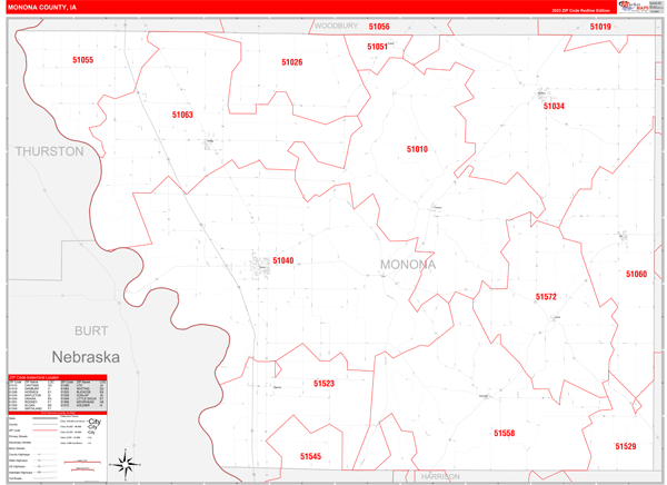 Monona County, IA Wall Map Red Line Style
