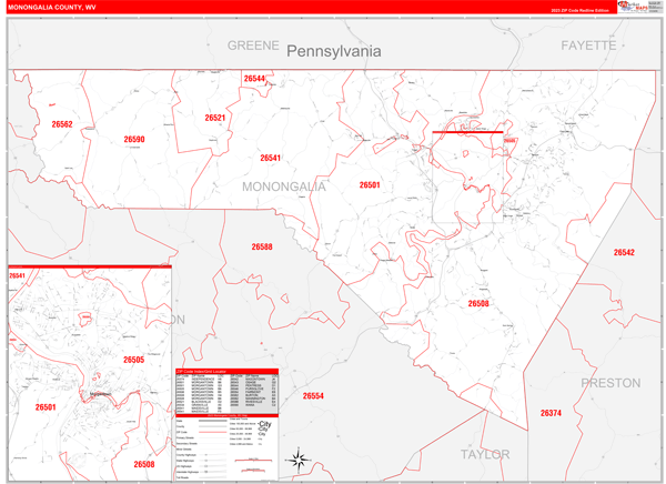 Monongalia County Digital Map Red Line Style