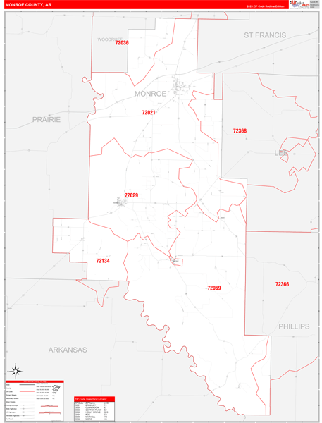 Monroe County, AR Wall Map Red Line Style
