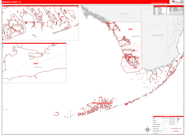 Monroe County, FL Wall Map Red Line Style
