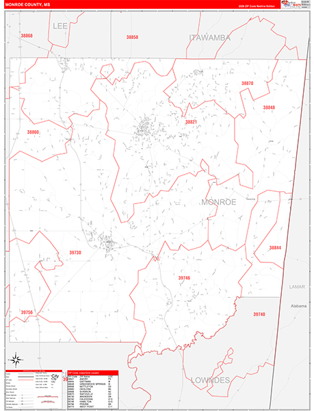 Monroe County, MS Zip Code Map