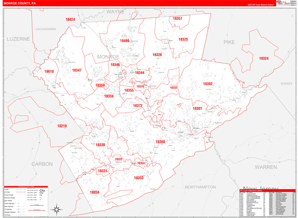 monroe-county-pa-zip-code-wall-map-red-line-style-by-marketmaps-mapsales