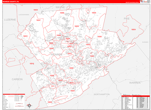 Monroe County, PA Wall Map Red Line Style
