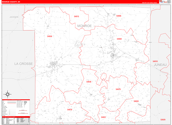 Monroe County, WI Zip Code Wall Map