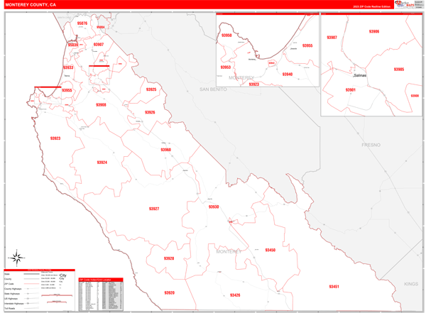 Monterey County Wall Map Red Line Style