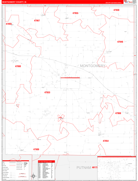 Montgomery County, IN Map Red Line Style