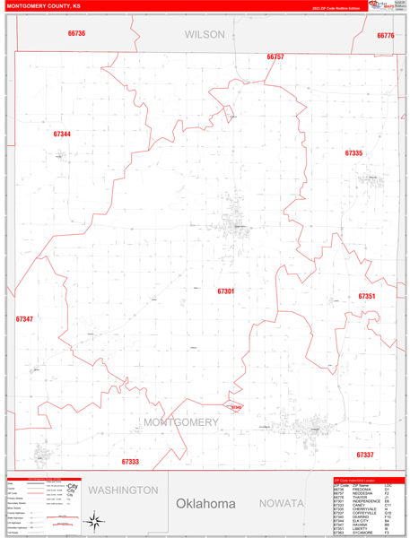 Montgomery County, KS Wall Map Red Line Style