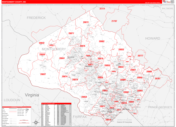 Montgomery County Md Zip Code Map Montgomery County, MD Zip Code Wall Map Red Line Style by MarketMAPS