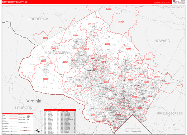 Montgomery County Wall Map Red Line Style