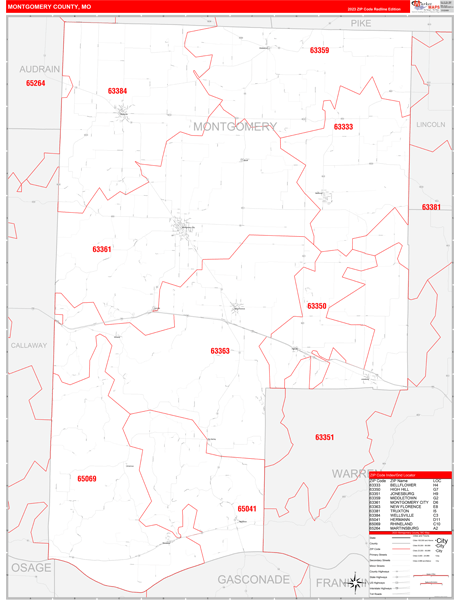Montgomery County, MO Zip Code Wall Map