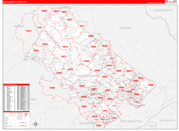 Montgomery County Pa Zip Code Wall Map Red Line Style By Marketmaps