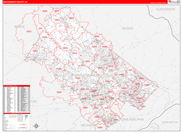 Montgomery County, PA Wall Map Red Line Style