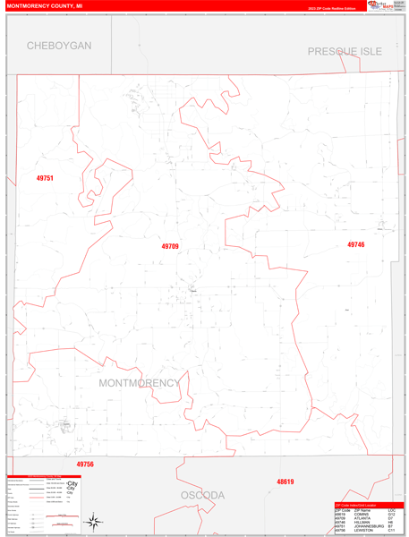 Montmorency County, MI Wall Map Red Line Style
