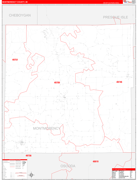 Montmorency County MI 5 Digit Zip Code Maps Red Line