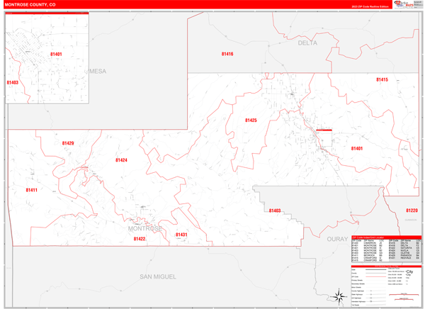 Montrose County, CO Wall Map Red Line Style