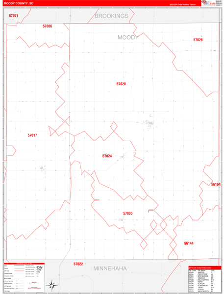 Moody County, SD Wall Map Red Line Style