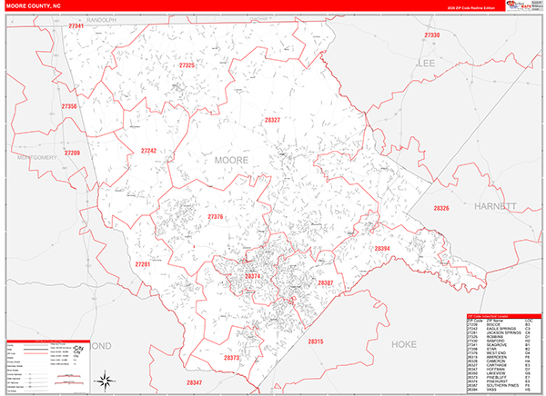 Moore County, NC Zip Code Wall Map