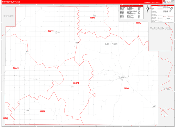 Morris County, KS Wall Map Red Line Style