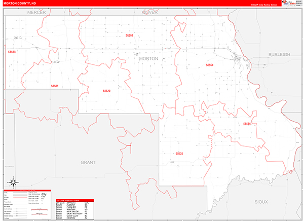 Morton County, ND Wall Map Red Line Style