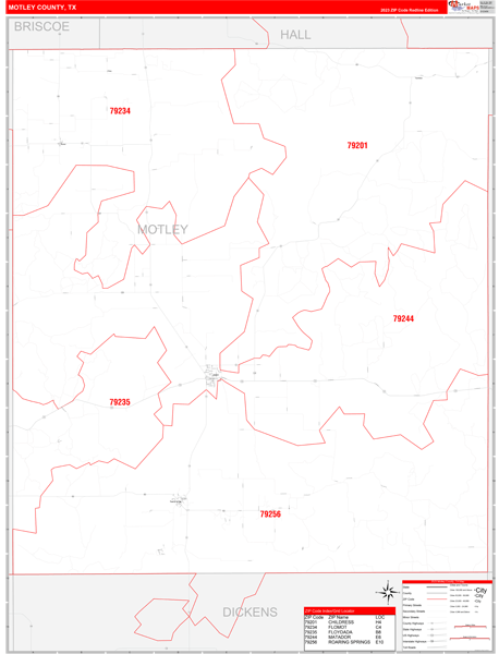 Motley County, TX Wall Map Red Line Style