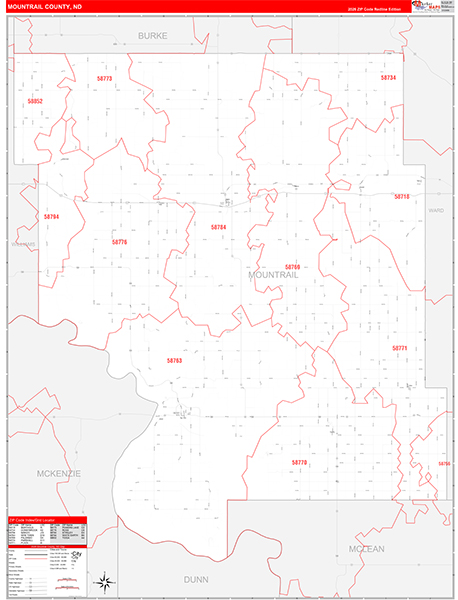 Mountrail County, ND Wall Map Red Line Style