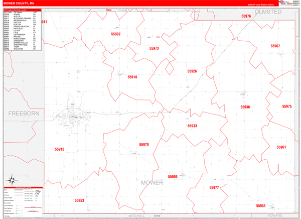 Mower County Digital Map Red Line Style