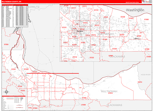 Multnomah County, OR Zip Code Wall Map