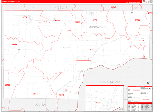 Muscatine County, IA Wall Map Red Line Style