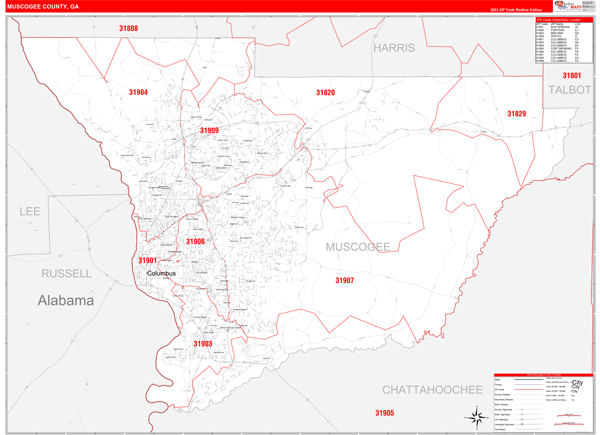 Muscogee County Digital Map Red Line Style