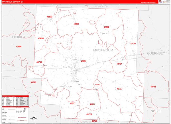 Muskingum County Digital Map Red Line Style