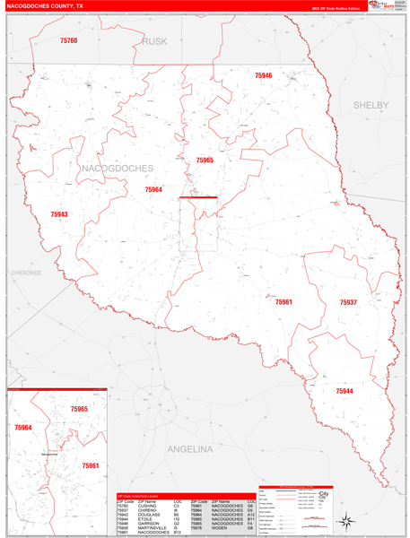 Nacogdoches County Wall Map Red Line Style