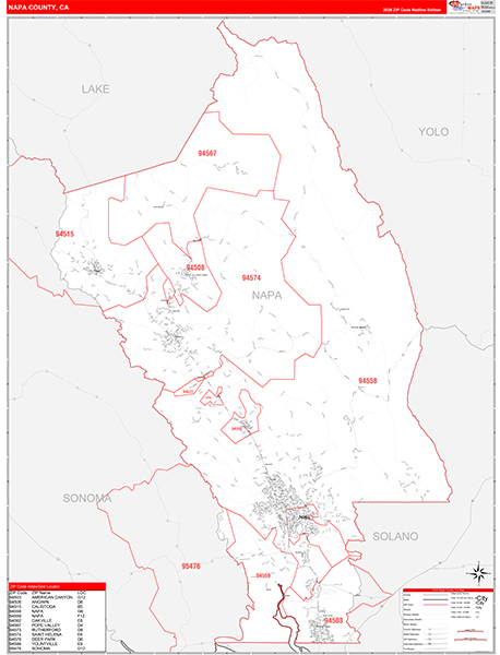 Napa County, CA Map Red Line Style