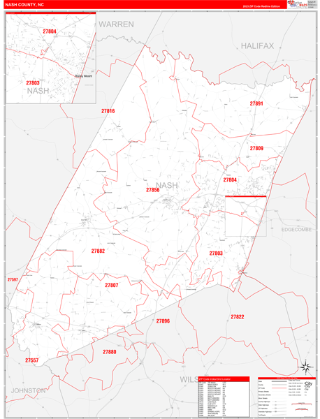 Nash County Wall Map Red Line Style