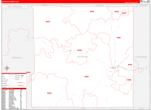 Natrona County Wall Map Red Line Style