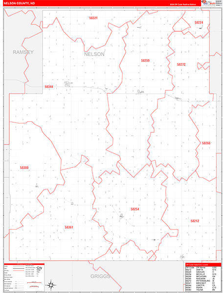 Nelson County, ND Wall Map Red Line Style