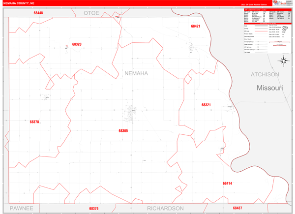 Nemaha County, NE Wall Map Red Line Style