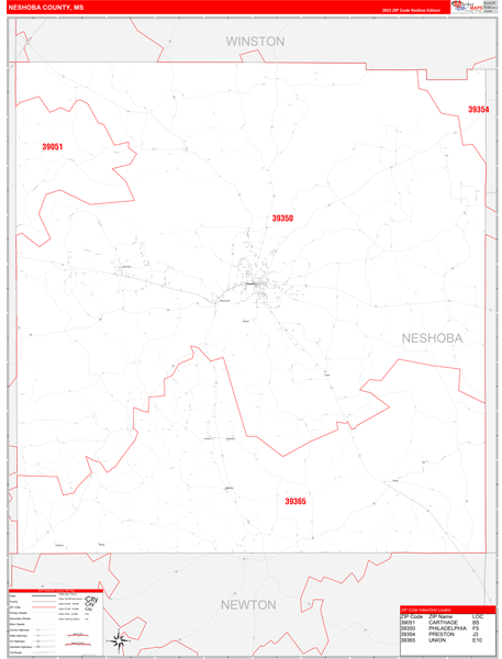 Neshoba County Wall Map Red Line Style