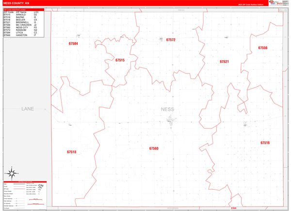 Ness County Digital Map Red Line Style