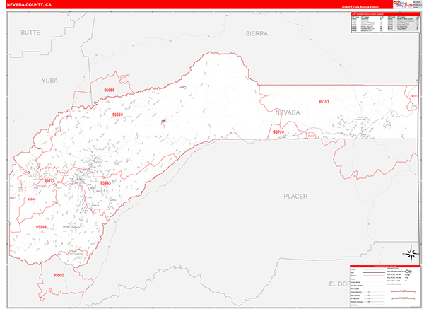 Nevada County, CA Map Red Line Style