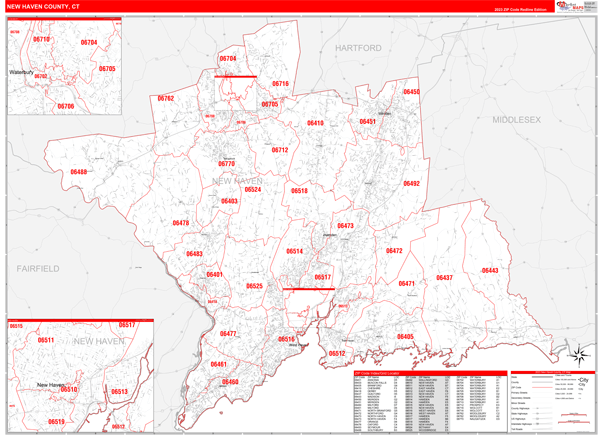 New Haven County, CT Zip Code Wall Map Red Line Style by MarketMAPS